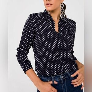 JOAN VASS New York Chic Navy Polkadot Blouse – Size Medium 🌸 NWOT